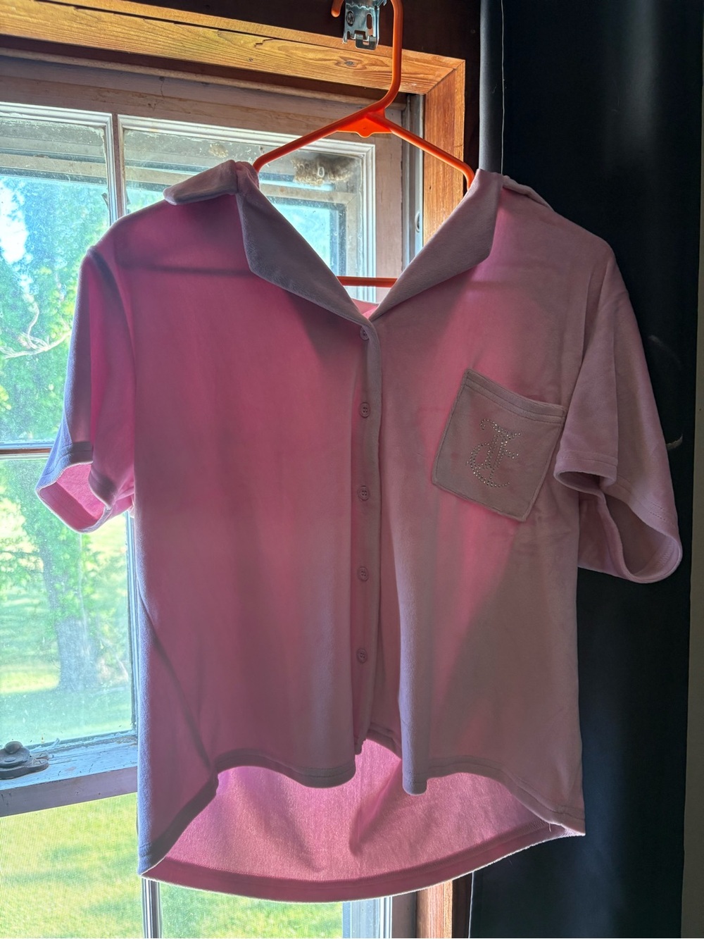 Pink Short Sleeve Button-Up Shirt with Embellished Pocket
